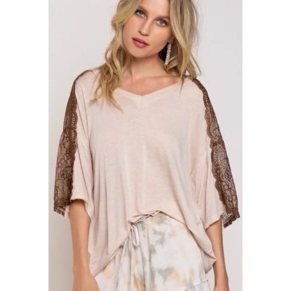 POL Beige Lace Detail Half Sleeve Oversized Tee - Picture 5 of 5